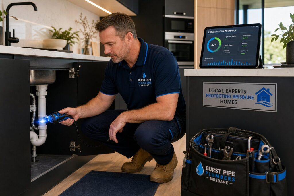 plumber inspecting burst pipe in modern australian home kitchen